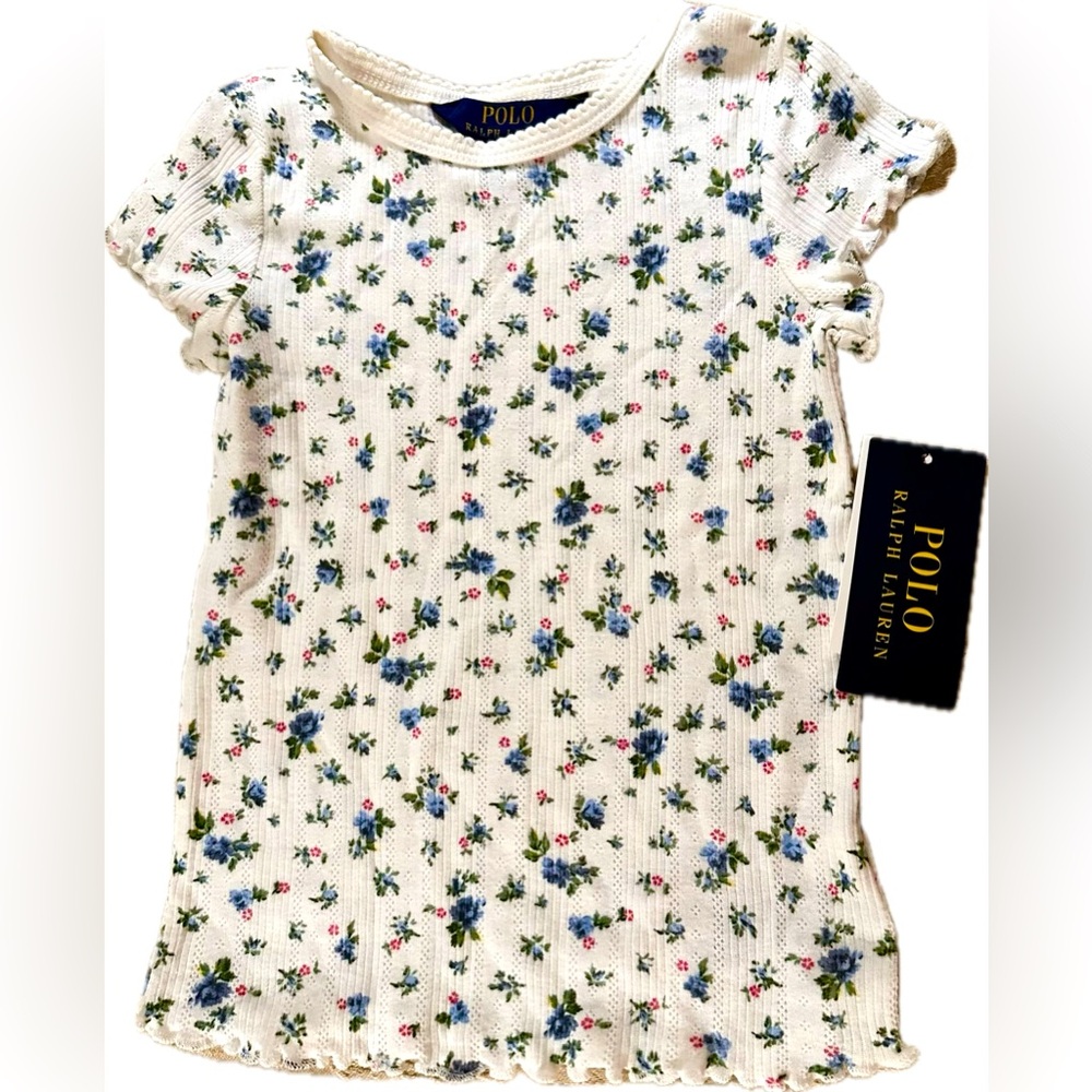 Polo Ralph Lauren top w/floral print, pointelle knit & lettuce, edge trim S4/4T